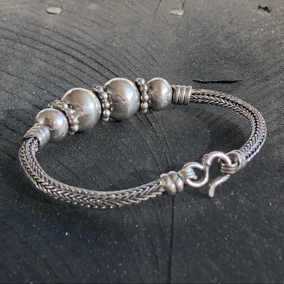 Vintage Sterling Silver Wheat Link Beaded Bracelet - Picture 11 of 15